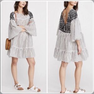 Free People Mini Dress Tunic Lola Tiered Off White & Black Embroidered Dress NWT
